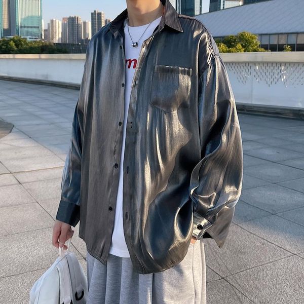 

men's casual shirts camisas para hombre 2021 autumn silky drape shirt gradient color long-sleeved trend men clothing, White;black