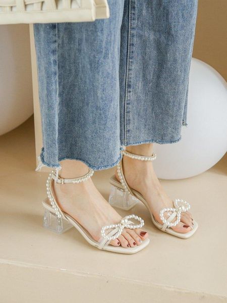 

sandals whnb pearl 2021 summer bow shoes women's heels suit female beige buckle strap outside plastic clear comfort black