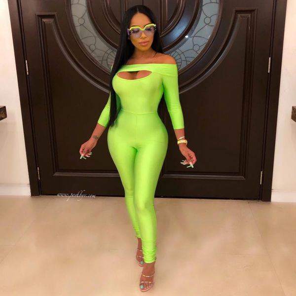 

women's jumpsuits & rompers est winter fashion luxury off shoulder neon green women bandage jumpsuit 2021 celebrity designer, Black;white