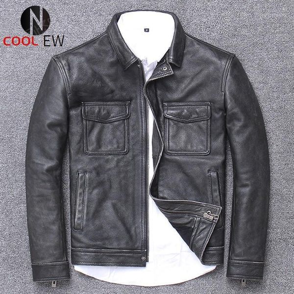 

men's leather & faux brand genuine jacket men winter slim fit work army short outwear oversize 4xl vintage brown cowhide zipper biker c, Black