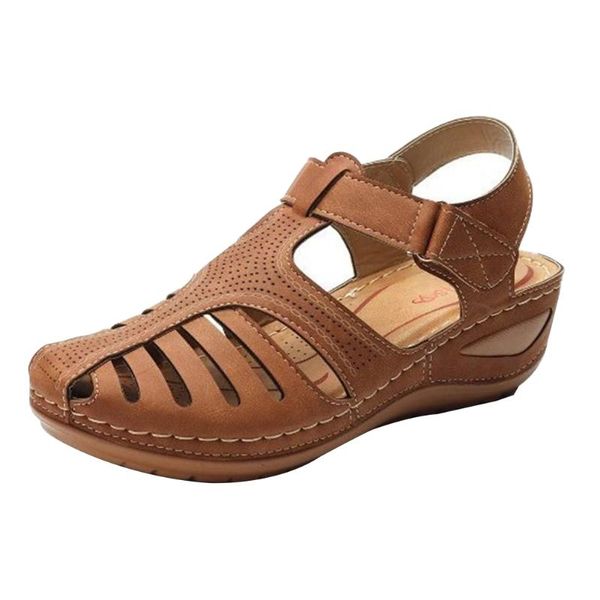 

hollowed out soft sole pu leather fashion vintage shoes summer women sandals closed toe casual round toecap street ankle strap, Black