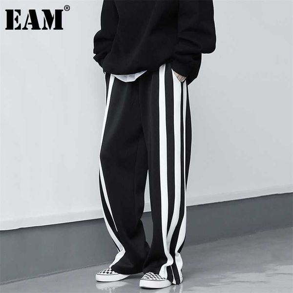 

[eam] high elastic waist black striped contrast color trousers loose fit pants women fashion spring autumn 1dd0783 211007, Black;white