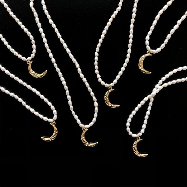 

chains freshwater rice pearl necklace bucket beads foil folded crescent moon clavicle chain titanium steel 18k gold jewelry 20, Silver