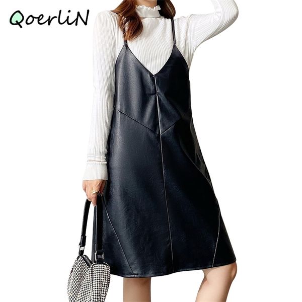 

vintage pu leather sundress women sleeveless a-line vest dress plus size spaghetti strap fashion knee length black es 210601, Black;gray