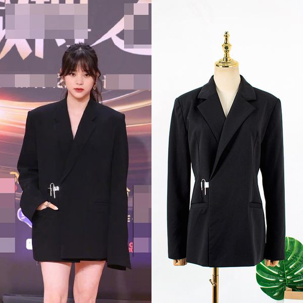 

women's suits & blazers dark black blazer with a turtleneck turned down, single-button loose jacket pockets, feminine casual fashion, s, White;black