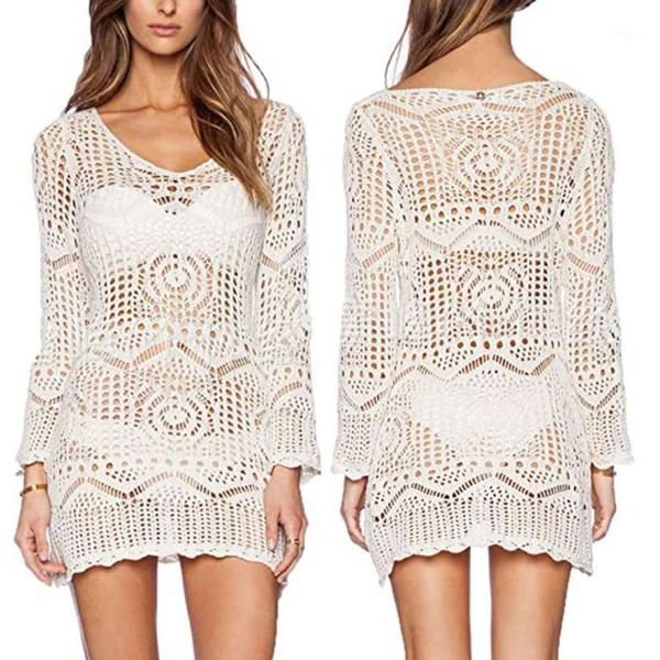 

plus size fashion perspective blouse hollow beach pullover net bikini cover up casual lady female women long sleeve blusas1, White