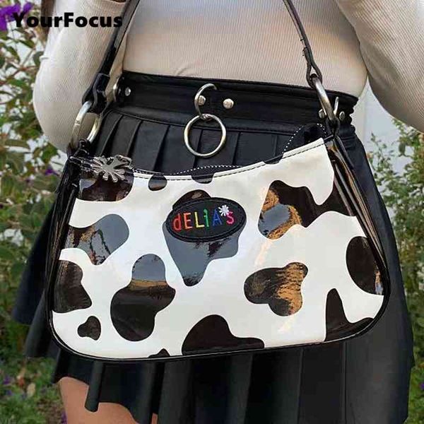 

vintage harajuku pu leather baguette bag kawaii cute sweet cow pattern spot handbag mini underarm bag axillary pouch 210729