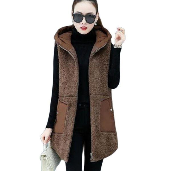 

women's vests imitate lambswool ladies vest coat autumn winter loose hooded outside take middle length payment thicken female jacket, Black;white
