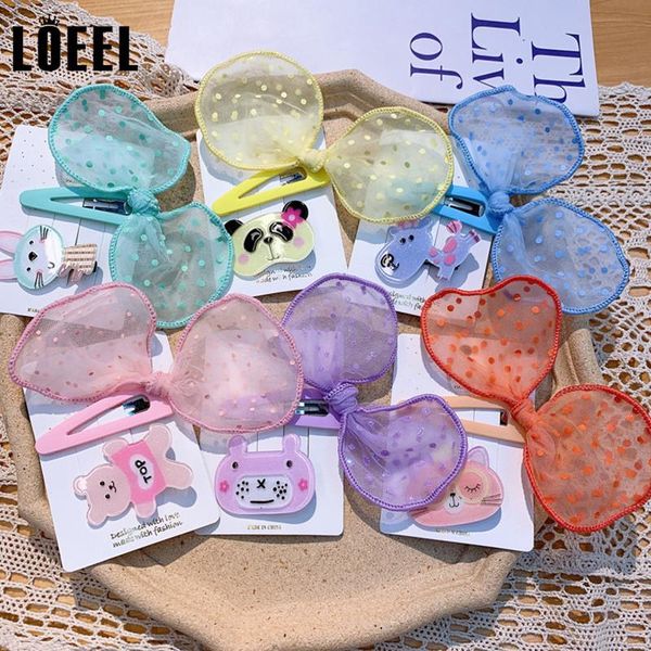 

2pcs/set new children mesh bowknot dot hair clip bear acrylic hairpins hairgrips cartoon hair accessories for girls, Slivery;white
