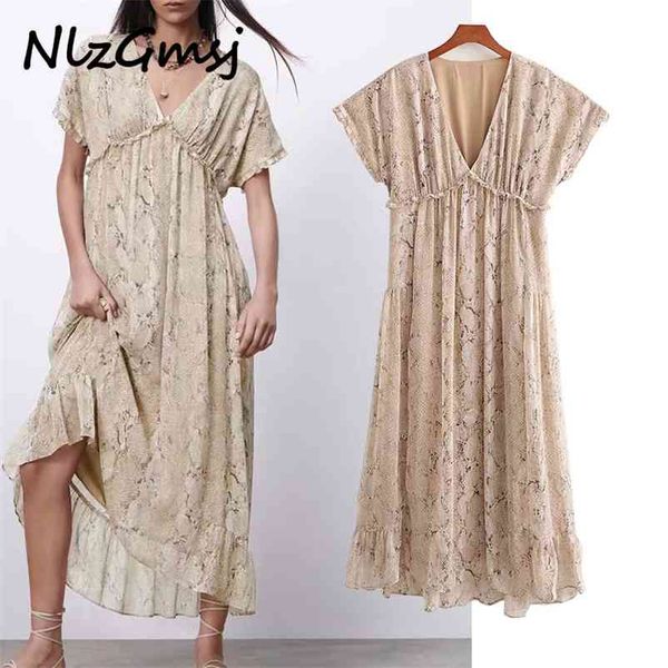 

snake print midi dres elegant ruffle short sleeve long summer woman asymmetric hem vintage 04 210628, Black;gray