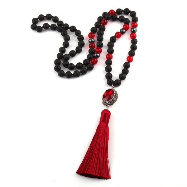 

pendant necklaces moodpc bohemian tribal jewelry fashion natural semi precious lava stone crystal pave link tassel necklace, Silver