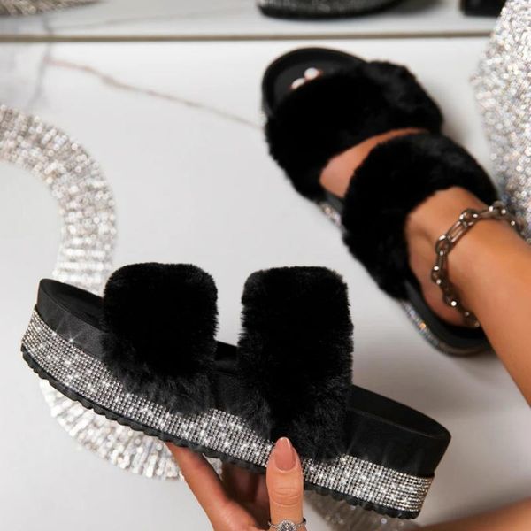 

slippers women fur rhinestone wedges heelplatform fluffy soft furry slides outdoor beach luxury shoes ladies female whosale, Black