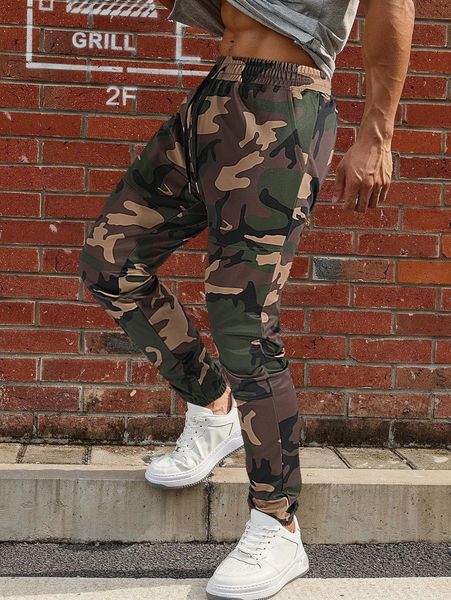 

men camo print drawstring waist sweatpants c02j#, Black