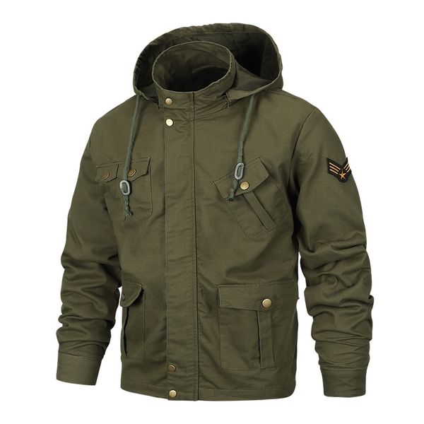 

large military feng shui washed cotton men's tough man multi pocket hooded jacket men, Black