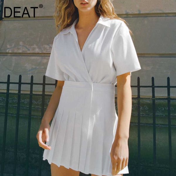 

[deat] summer fashion turn-down collar solid color folds loose fit temperament simple dress women 13q101 210527, Black;gray