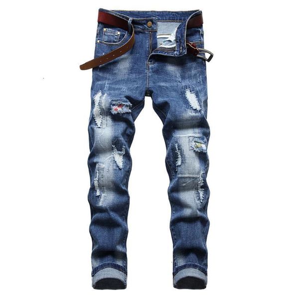 

mens jeans holes ripped patchwork blue denim jeans slim straight pants stretch trousers casual fashion style