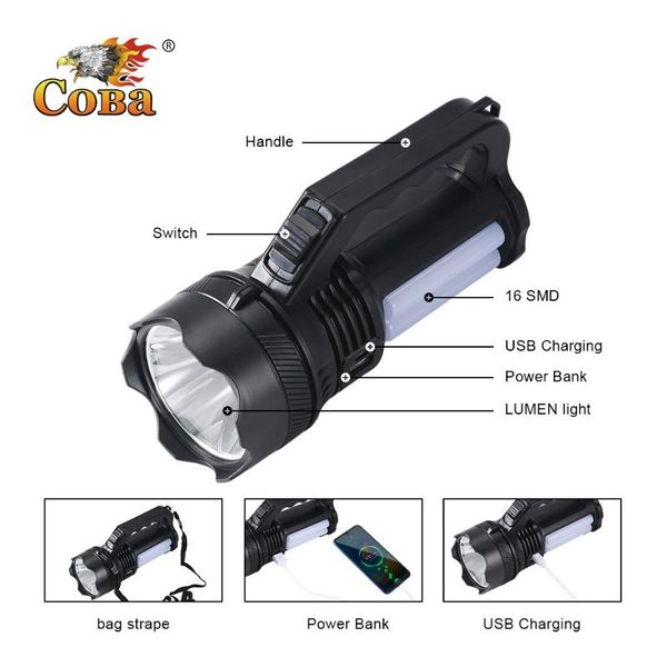 

coba portable led plastic lumen light 1800lm power bank usb rechargeable built-in battery 2 mode tactical lantern