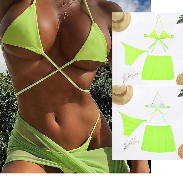 

women's swimwear itranyee bikinis set neck halter padded bra mini briefs with cover-up skirt swimsuit neon yellow orange beachwear, White;black