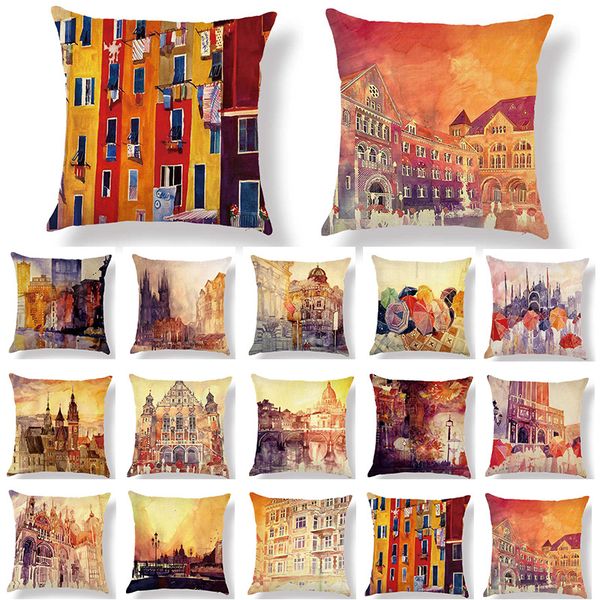 

pillowcase cotton linen cushion cover 45*45 watercolor painting scenic printed sofa home decorative pillows cover 40567-3