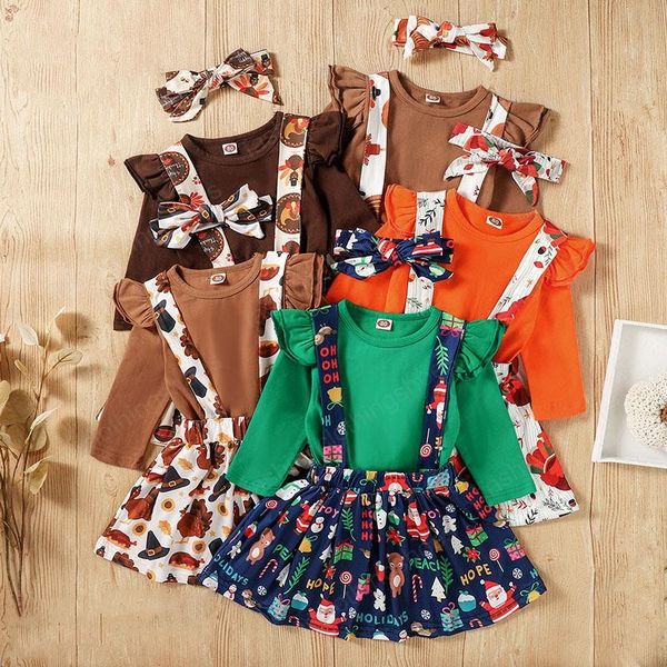 

kids clothing sets girls halloween christmas outfits children flying sleeve +pumpkin turkey santa claus strap dress+bow 3pcs/set spring autu, White
