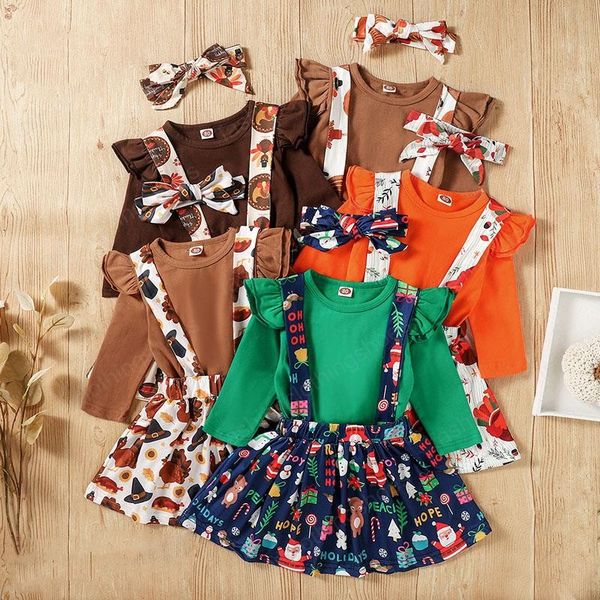 bambini Completi di abbigliamento per ragazze Abiti natalizi per Halloween Bambini Top con maniche volanti + Zucca Tacchino Vestito con cinturino da Babbo Natale + Fiocco 3 pezzi / set Primavera Autunno vestiti per bambini