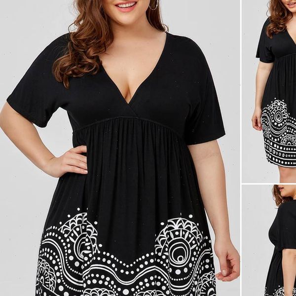 

summer floral printed dress 2021 women loose plus size vestido vintage casual short sleeve women v neck dress, Black;gray