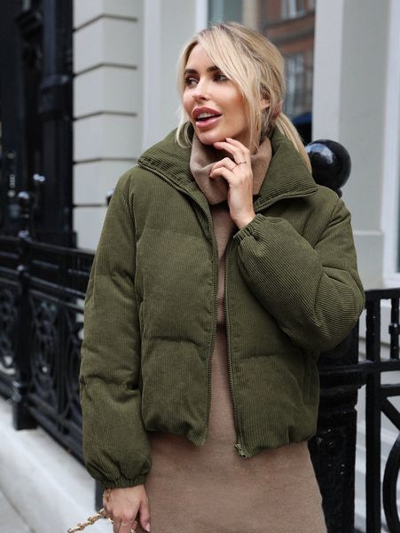 

zip up corduroy puffer coat 72tr#, Black