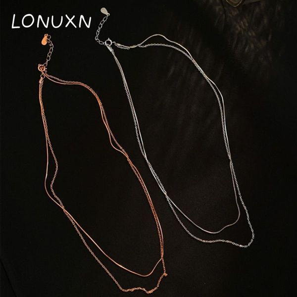 

chokers 2 colors 36+4cm chain length 925 sterling silver double necklace tassel women jewelly simple lovers gift stamp, Golden;silver