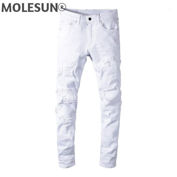 

men's jeans brand stripe painted white fashion slim skinny holes patchwork stretch denim pants for man big size 40 592, Blue