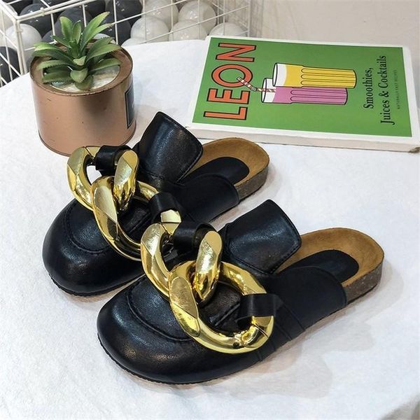 

slippers brand design women slipper fashion big gold chain sandals shoes round toe slip on mules flat heel casual slides flip, Black