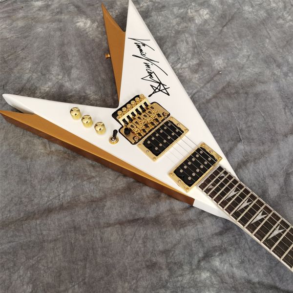 Kiss Vinnie Vincent Pearl White Gold Double Flying V Chitarra elettrica Floyd Rose Tremolo Bridge Dado di bloccaggio, Whammy Bar