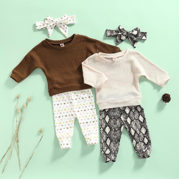 

clothing sets 3pcs baby girls clothes 2021 autumn infant long sleeve knit pullover + heart/snakeskin print pants headwear outfit, White