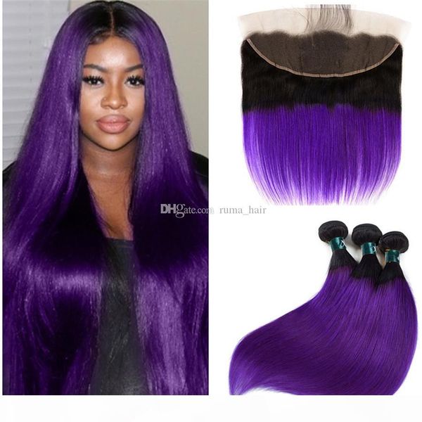 

silky straight peruvian virgin purple ombre human hair bundles deals 3pcs with frontal colored purple 13x4 lace frontal with bundles, Black;brown