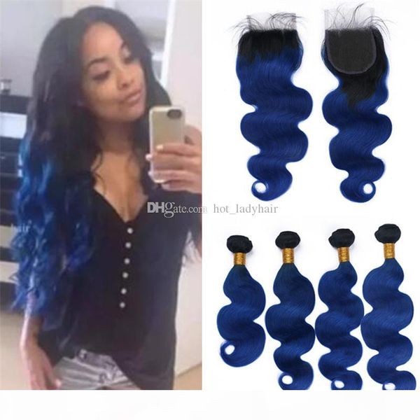 

dark roots blue ombre brazilian hair weave 4 bundles with lace closure body wave wavy 1b blue ombre human hair wefts and closure, Black;brown