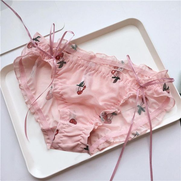 

women's panties korean fruit seamless women girl cute underwear micro ruffle bows briefs girls lingerie lacing up thongs, Black;pink