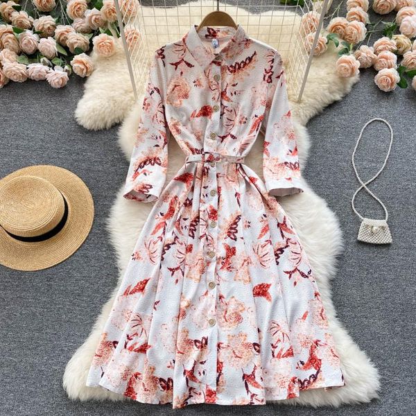 

casual dresses c175 women fashion autumn printed single breasted a-line shirt dress thin waist long sleeve print elegant clothes vestidos, Black;gray