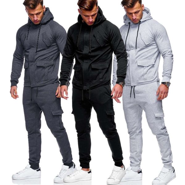 

2021 autumn and winter new hidden door no zipper men's hooded leisure sports suit, Gray