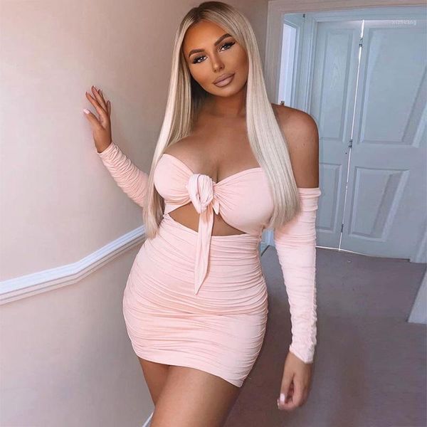 

casual dresses bkld 2021 autumn off the shoulder long sleeve dress women lace up hollow out ruched bodycon mini party clubwear, Black;gray