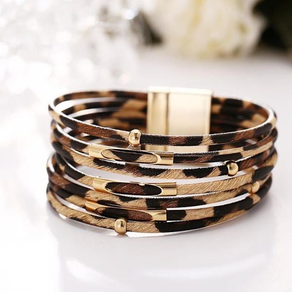 

tennis high street bracelets bangles elegant multilayer wide wrap charm bracelet jewelry 2021 fashion women leopard leather, Golden;silver