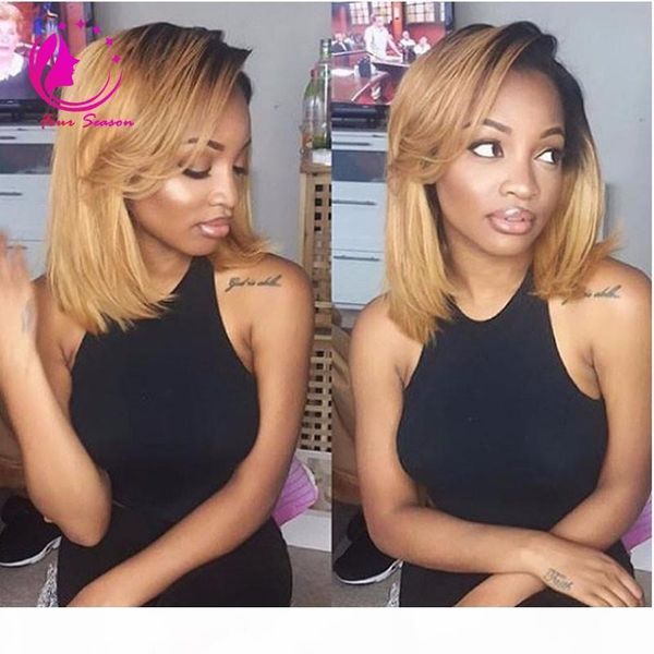 

brazilian virgin human hair glueless full lace ombre wig bob style two tone 1b 27 bob wig ombre lace front wigs for black women, Black;brown