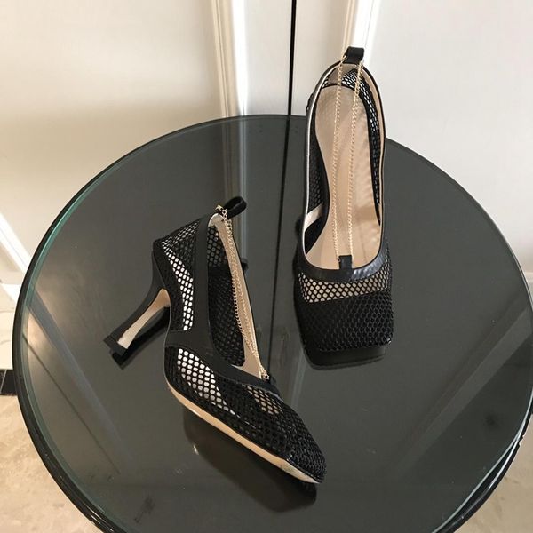 

fashion luxury designer women shoes high heels square toe dress shoes mesh and berry calf women chain sandal schuhe stretch pumps, Black