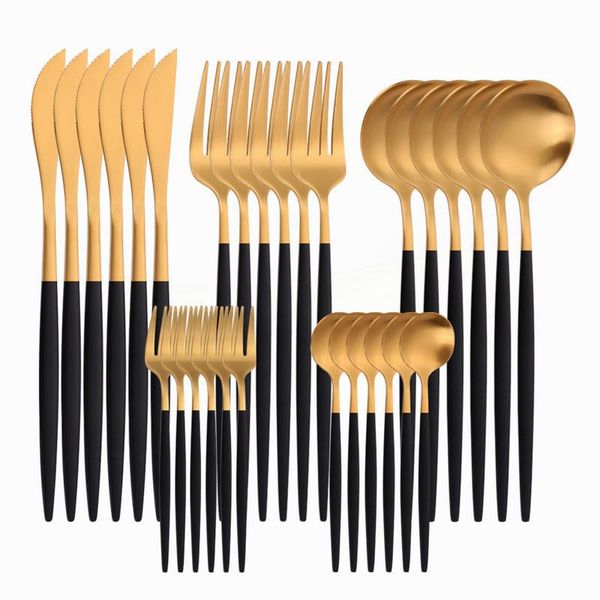 

dinnerware sets black gold cutlery set stainless steel matte knives forks spoons dinner kitchen tableware drop