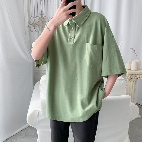 

summer new ins solid color polo shirt pocket short-sleeved male loose student trendy brand lapel half-sleeved bf t-shirt, White;black
