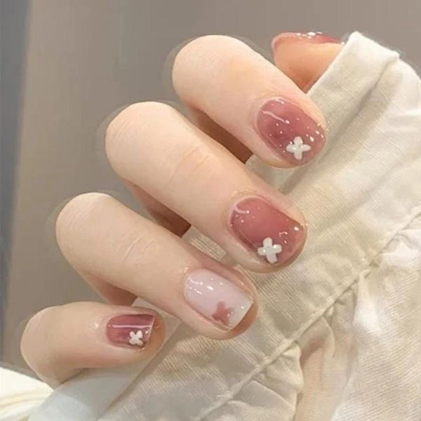 

false nails 24pcs short french fake nail patch with design acrylic finished manicure art tips detachable summer, Red;gold