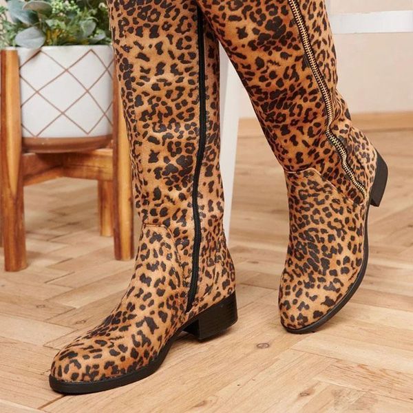 

boots women's autumn leopard shoes luxury designer thigh high heels winter footwear zipper round toe boots-women, Black