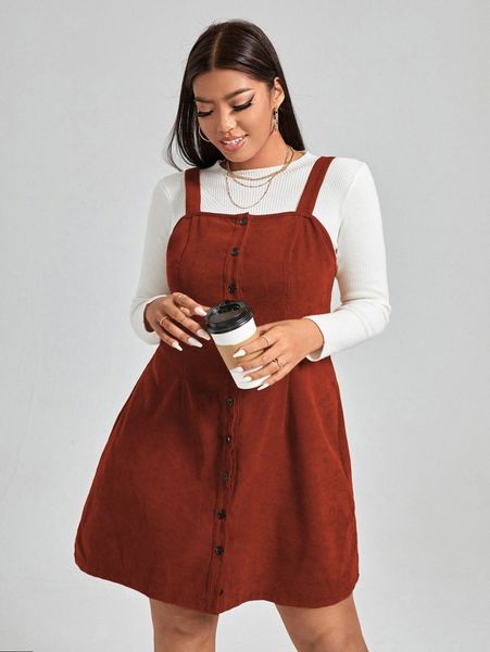 

plus button through overall dress without tee l53w#, Black
