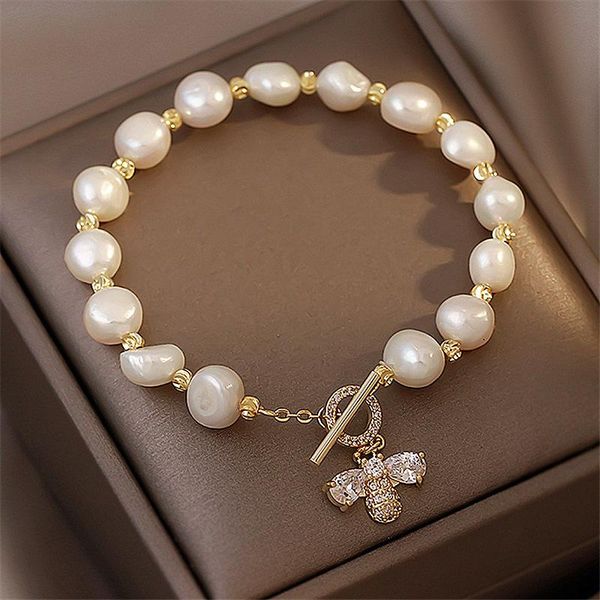 

link, chain korea fashion high-end natural baroque shaped freshwater pearl bracelet micro-inlaid bee design jewelry for women, Black