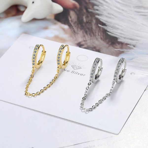 

hoop & huggie classic two ear hole piercing earrings chain tassel double circle golden/white crystal simple female earring jewelry gifts, Golden;silver