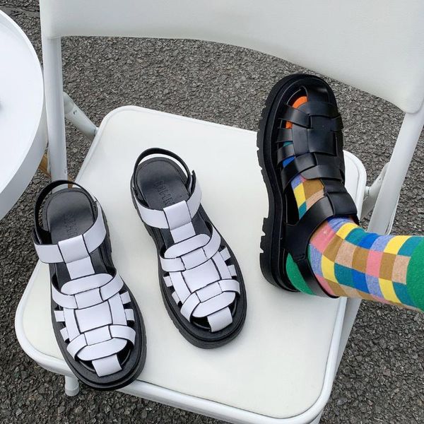 

sandals rome women white shoes round toe pu leather holiday beach woman comfort thick sole sandalias mujer 2021, Black