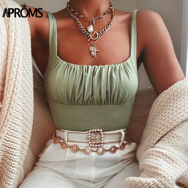 

aproms vintage green white ruched tank women summer short camis 90s cool girls streetwear strench crop tees 210308, Black